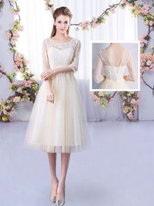 Fashionable Half Sleeves Tulle Tea Length Lace Up Dama Dress in Champagne with Lace