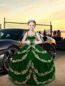 Customized Dark Green Straps Neckline Embroidery Girls Pageant Dresses Sleeveless Lace Up