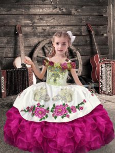  Fuchsia Off The Shoulder Neckline Beading and Embroidery and Ruffles Little Girl Pageant Dress Sleeveless Lace Up