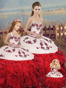  White And Red Ball Gowns Organza Sweetheart Sleeveless Embroidery and Ruffles and Bowknot Floor Length Lace Up 15 Quinceanera Dress