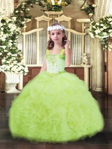  Sleeveless Floor Length Beading and Ruffles and Pick Ups Lace Up Little Girls Pageant Gowns with Yellow Green