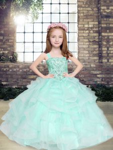  Apple Green Ball Gowns Beading and Ruffles Little Girls Pageant Gowns Lace Up Tulle Sleeveless Floor Length
