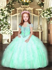  Floor Length Lace Up Kids Pageant Dress Apple Green for Party and Sweet 16 and Wedding Party with Beading and Ruffles