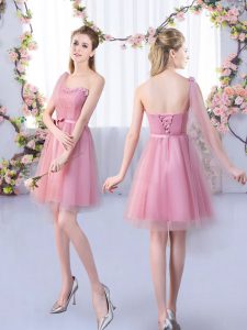  Pink A-line Tulle One Shoulder Sleeveless Appliques and Belt Mini Length Lace Up Dama Dress for Quinceanera