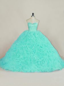 Great Aqua Blue Fabric With Rolling Flowers Lace Up Sweetheart Sleeveless 15th Birthday Dress Court Train Beading and Ruffles