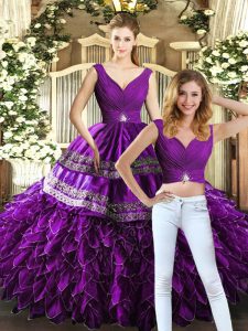  Floor Length Purple Quinceanera Dresses Organza Sleeveless Beading and Embroidery and Ruffles