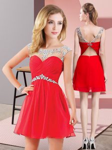 Gorgeous Red A-line Scoop Sleeveless Chiffon Mini Length Backless Beading Dress for Prom
