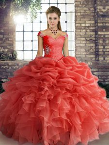  Orange Red Lace Up Off The Shoulder Beading and Ruffles and Pick Ups Sweet 16 Dresses Organza Sleeveless