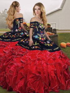  Red And Black Off The Shoulder Neckline Embroidery and Ruffles Quince Ball Gowns Sleeveless Lace Up