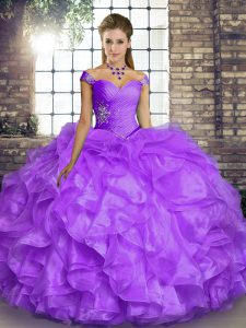  Sleeveless Organza Floor Length Lace Up Ball Gown Prom Dress in Lavender with Beading and Ruffles