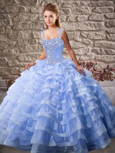  Lavender Ball Gowns Beading and Ruffled Layers Ball Gown Prom Dress Lace Up Organza Sleeveless