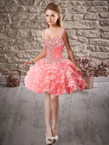  Watermelon Red Ball Gowns Beading and Ruffled Layers Prom Party Dress Lace Up Organza Sleeveless Mini Length