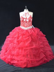 New Style Red Ball Gowns Halter Top Sleeveless Organza Floor Length Backless Beading and Lace Vestidos de Quinceanera