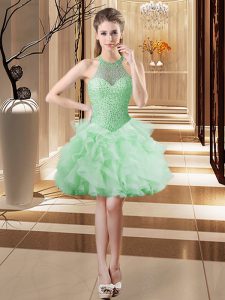 Amazing Apple Green Ball Gowns Tulle Halter Top Sleeveless Beading and Ruffles Mini Length Lace Up Dress for Prom