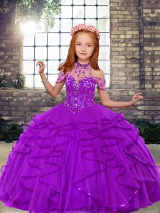 Latest High-neck Sleeveless Tulle Little Girls Pageant Dress Wholesale Beading and Ruffles Lace Up