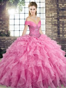  Off The Shoulder Sleeveless Ball Gown Prom Dress Brush Train Beading and Ruffles Rose Pink Organza