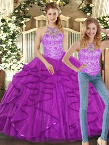 Dazzling Purple Tulle Lace Up Halter Top Sleeveless Floor Length Ball Gown Prom Dress Beading and Ruffles