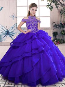  Blue Ball Gowns Organza High-neck Sleeveless Beading and Ruffles Floor Length Lace Up Ball Gown Prom Dress