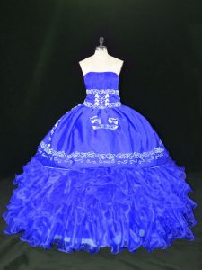 Adorable Blue Ball Gowns Embroidery and Ruffles Quinceanera Dresses Lace Up Organza Sleeveless Floor Length