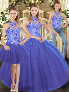  Blue Lace Up Quinceanera Dress Sleeveless Floor Length Embroidery