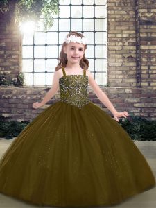  Brown Tulle Lace Up Little Girls Pageant Dress Wholesale Sleeveless Floor Length Beading