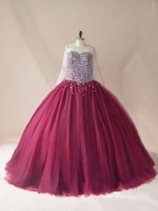 Excellent Burgundy Long Sleeves Tulle Brush Train Lace Up 15th Birthday Dress for Sweet 16 and Quinceanera