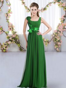 Traditional Dark Green Damas Dress Wedding Party with Belt and Hand Made Flower Straps Sleeveless Zipper
