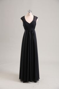 Lovely Floor Length Black Prom Evening Gown Chiffon Cap Sleeves Lace