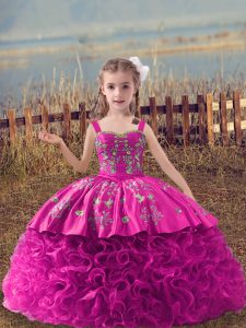 Glorious Fuchsia Little Girls Pageant Dress Straps Sleeveless Sweep Train Lace Up