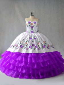 Great White And Purple Ball Gowns Sweetheart Sleeveless Organza Floor Length Lace Up Embroidery and Ruffled Layers Quinceanera Gowns