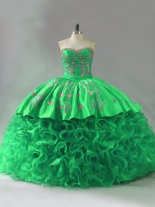  Green Lace Up Sweetheart Embroidery and Ruffles 15th Birthday Dress Fabric With Rolling Flowers Sleeveless