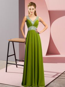 Nice Olive Green Prom Party Dress Prom and Party with Beading V-neck Sleeveless Lace Up