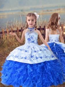  Blue And White Halter Top Neckline Beading and Embroidery and Ruffles Kids Pageant Dress Sleeveless Lace Up