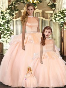 Adorable Peach Organza Backless Quince Ball Gowns Sleeveless Floor Length Beading