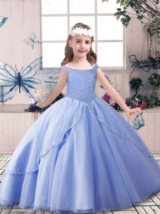  Blue Lace Up Girls Pageant Dresses Beading Sleeveless Floor Length