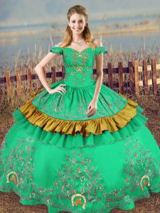 New Style Green Ball Gowns Satin Off The Shoulder Sleeveless Embroidery Floor Length Lace Up Sweet 16 Dress