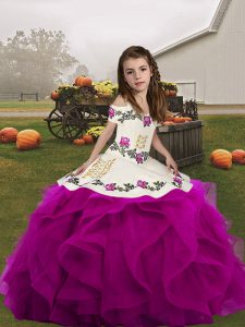  Fuchsia Lace Up Pageant Gowns For Girls Embroidery and Ruffles Sleeveless Floor Length