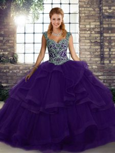  Purple Straps Lace Up Beading and Ruffles Sweet 16 Dress Sleeveless