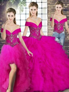 Beauteous Fuchsia Three Pieces Tulle Off The Shoulder Sleeveless Beading and Ruffles Floor Length Lace Up Sweet 16 Quinceanera Dress