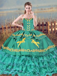 Inexpensive Turquoise Sleeveless Floor Length Embroidery and Ruffled Layers Lace Up Sweet 16 Quinceanera Dress