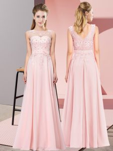  Baby Pink Sleeveless Floor Length Beading and Appliques Zipper Dama Dress for Quinceanera