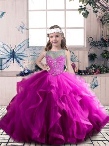  Fuchsia Sleeveless Floor Length Beading and Ruffles Lace Up Pageant Gowns For Girls
