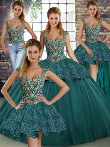  Green Sleeveless Beading and Appliques Floor Length 15th Birthday Dress