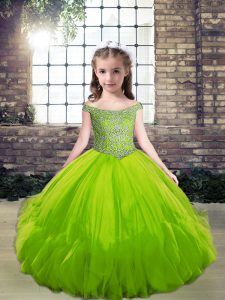 Trendy Beading Little Girls Pageant Gowns Green Lace Up Sleeveless Floor Length