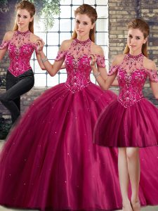  Sleeveless Beading Lace Up Quinceanera Gowns with Fuchsia Brush Train