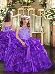  Purple High-neck Lace Up Beading and Ruffles Child Pageant Dress Sleeveless