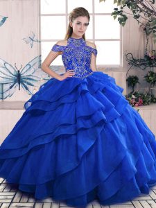 Sumptuous Organza High-neck Sleeveless Lace Up Beading and Ruffled Layers 15th Birthday Dress in Royal Blue