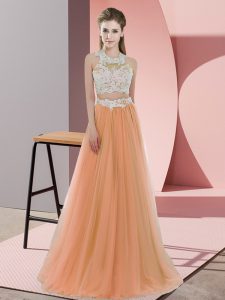  Orange Two Pieces Tulle Halter Top Sleeveless Lace Floor Length Zipper Dama Dress for Quinceanera