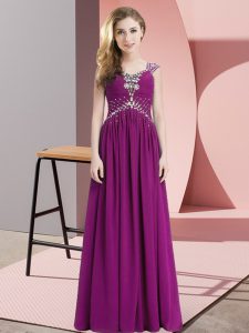  Fuchsia Lace Up Prom Dress Beading Cap Sleeves Floor Length