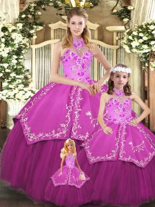  Floor Length Fuchsia Quinceanera Dresses Satin and Tulle Sleeveless Embroidery